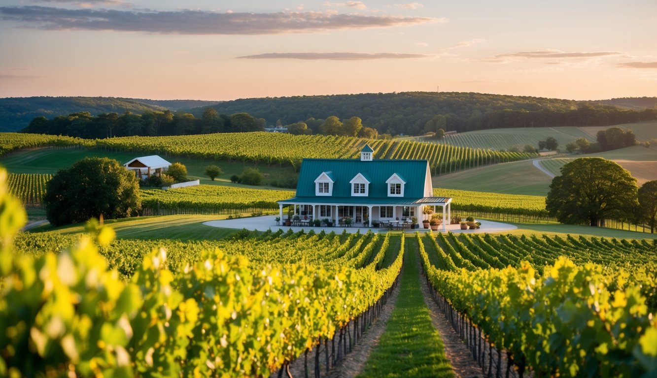 A scenic vineyard with rolling hills, lush grapevines, and a charming tasting room nestled in the Rhode Island countryside