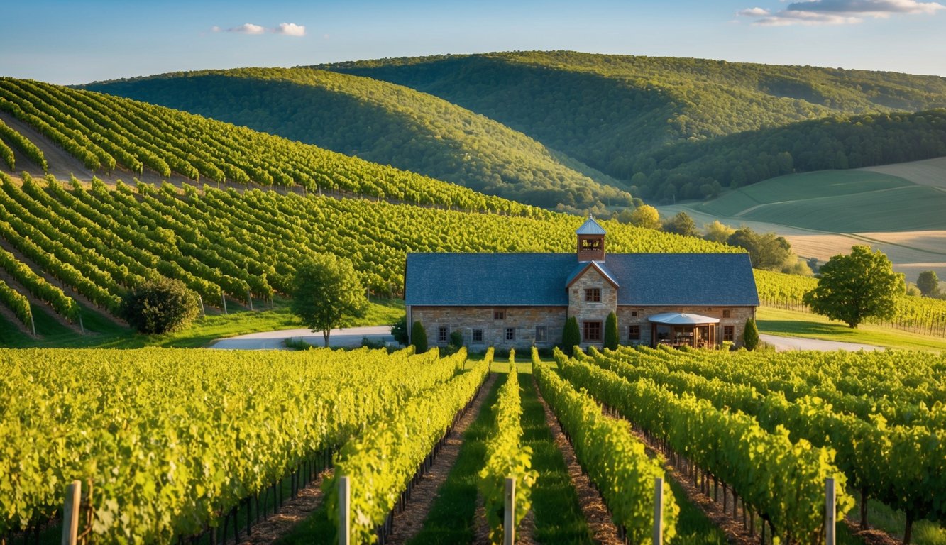 Vineyard landscape with rows of grapevines, rolling hills, and a rustic winery building in Pennsylvania