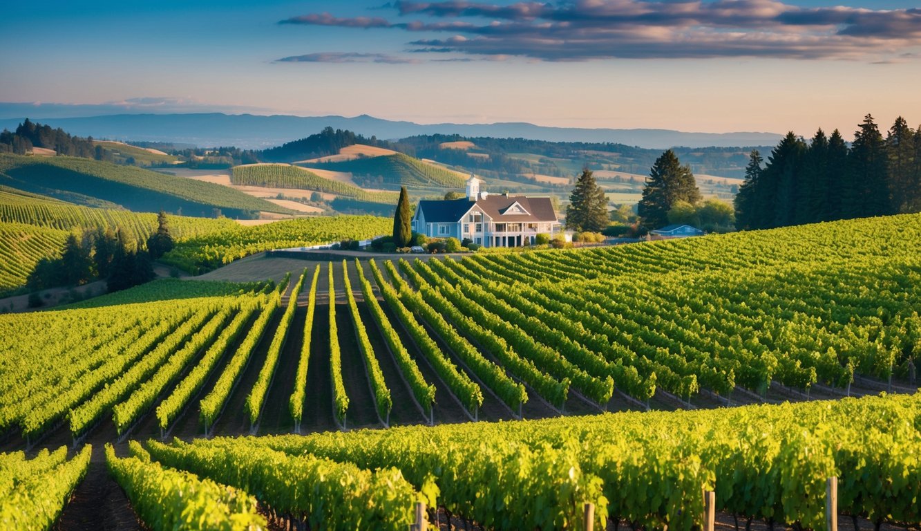 Rolling hills of vineyards in Oregon's wine country, with rows of grapevines stretching into the distance. A picturesque winery overlooks the scenic landscape