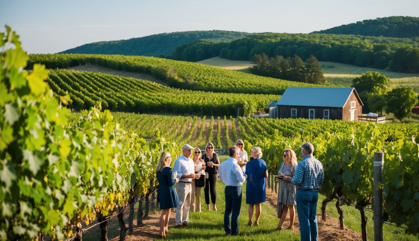 Vineyard in Rhode Island with rolling hills, grapevines, and a rustic winery. Tour group samples wine and learns about the history of wine production in the region