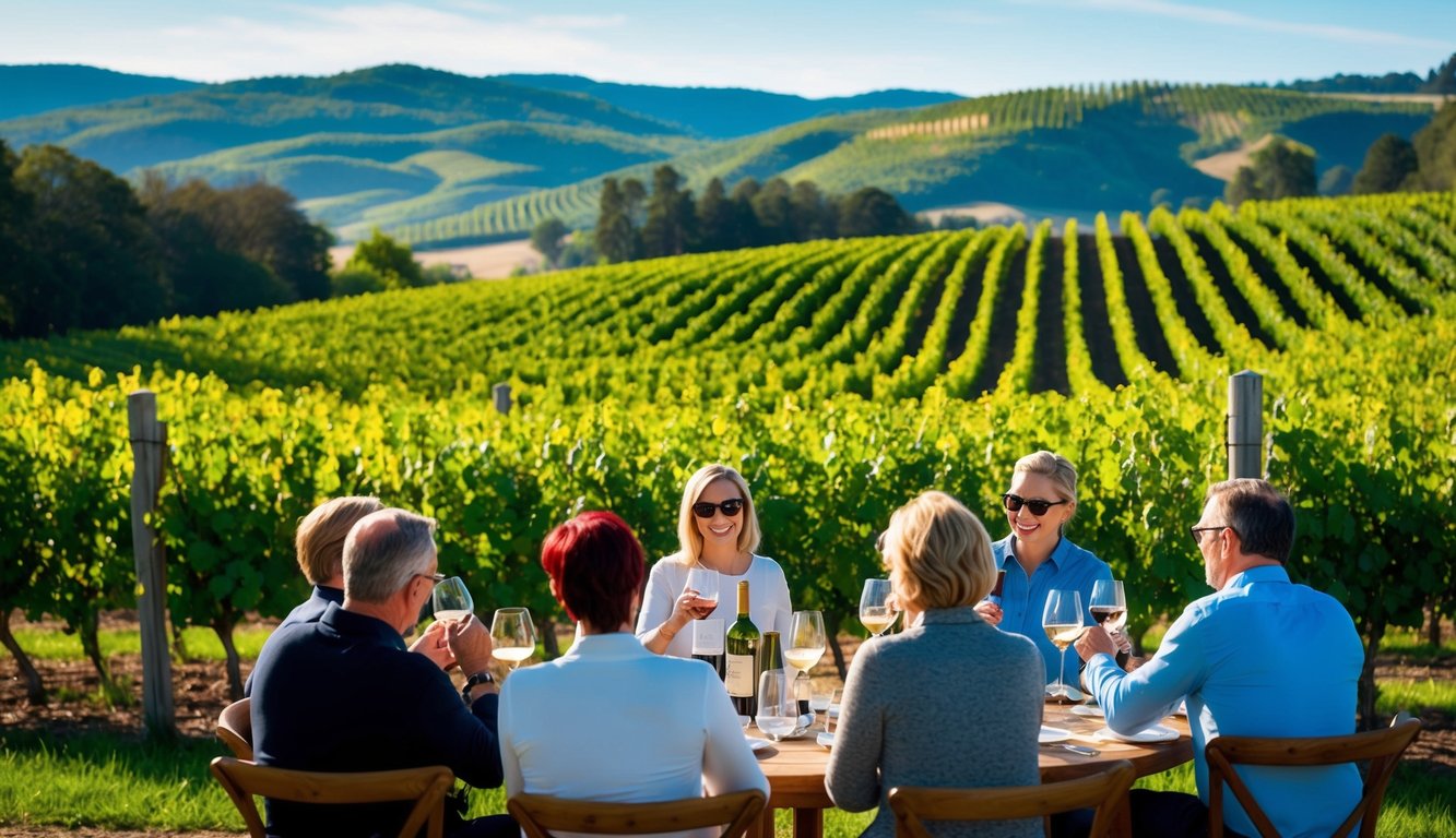 A lush vineyard overlooks rolling hills as a group of wine enthusiasts sample reds and whites under a bright blue sky