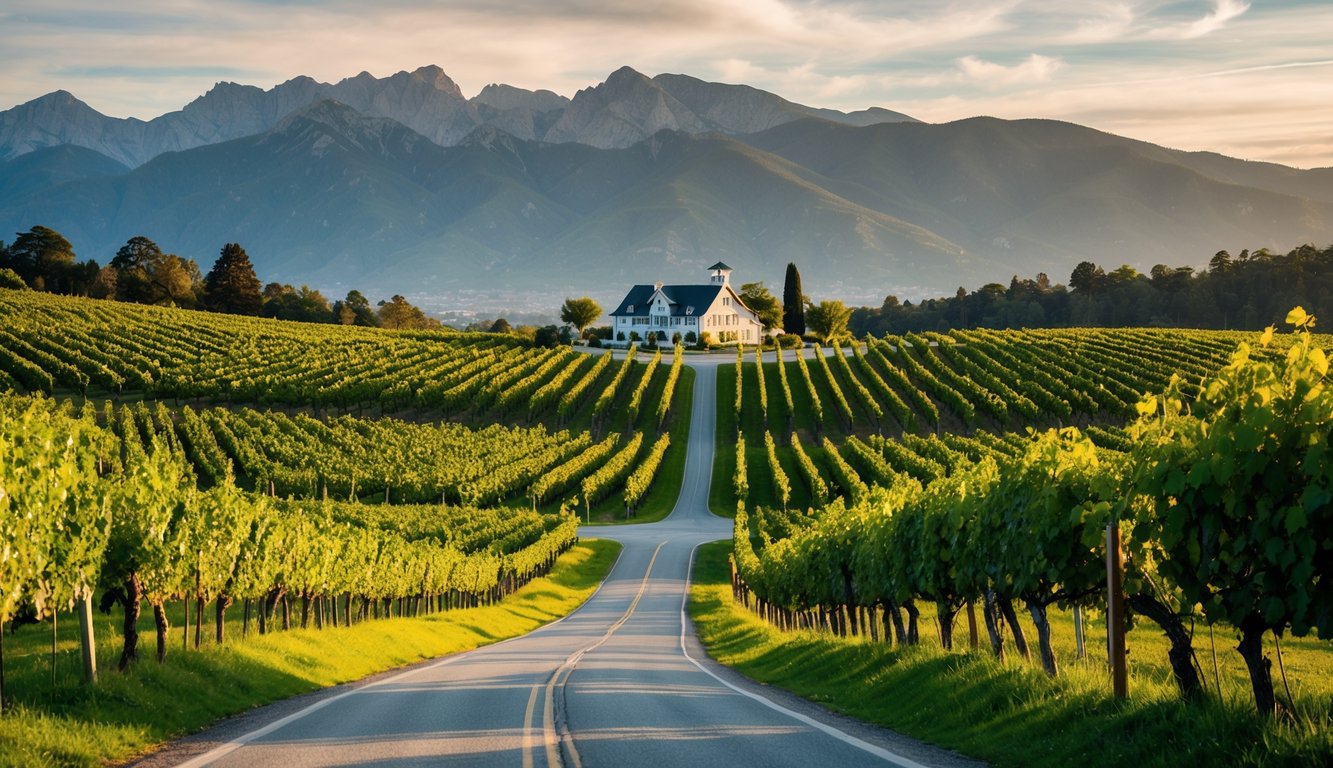 Lush vineyards stretch across rolling hills, framed by a backdrop of majestic mountains. A winding road leads to a charming winery nestled among the vines