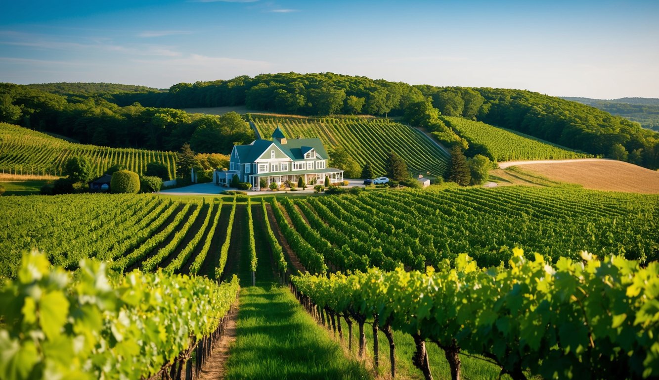 Vineyard landscape with rolling hills, grapevines, and a charming winery nestled among the lush greenery of Rhode Island