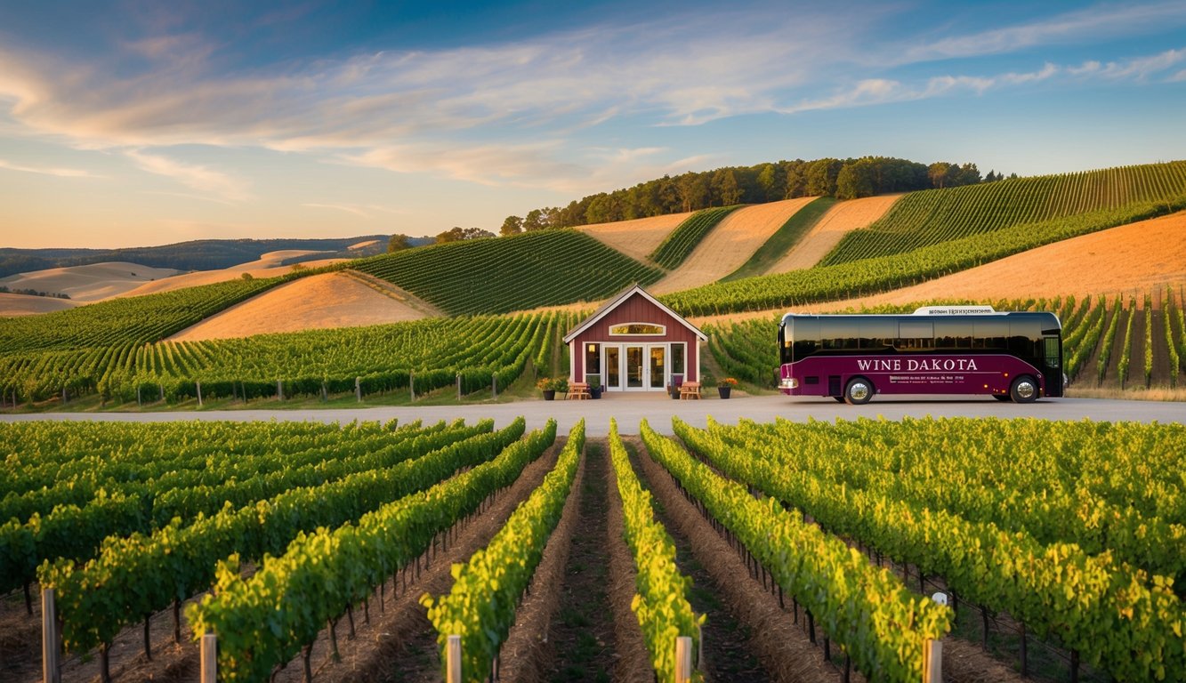 Rolling hills lined with vineyards, a cozy tasting room, and a scenic tour bus in South Dakota's wine country