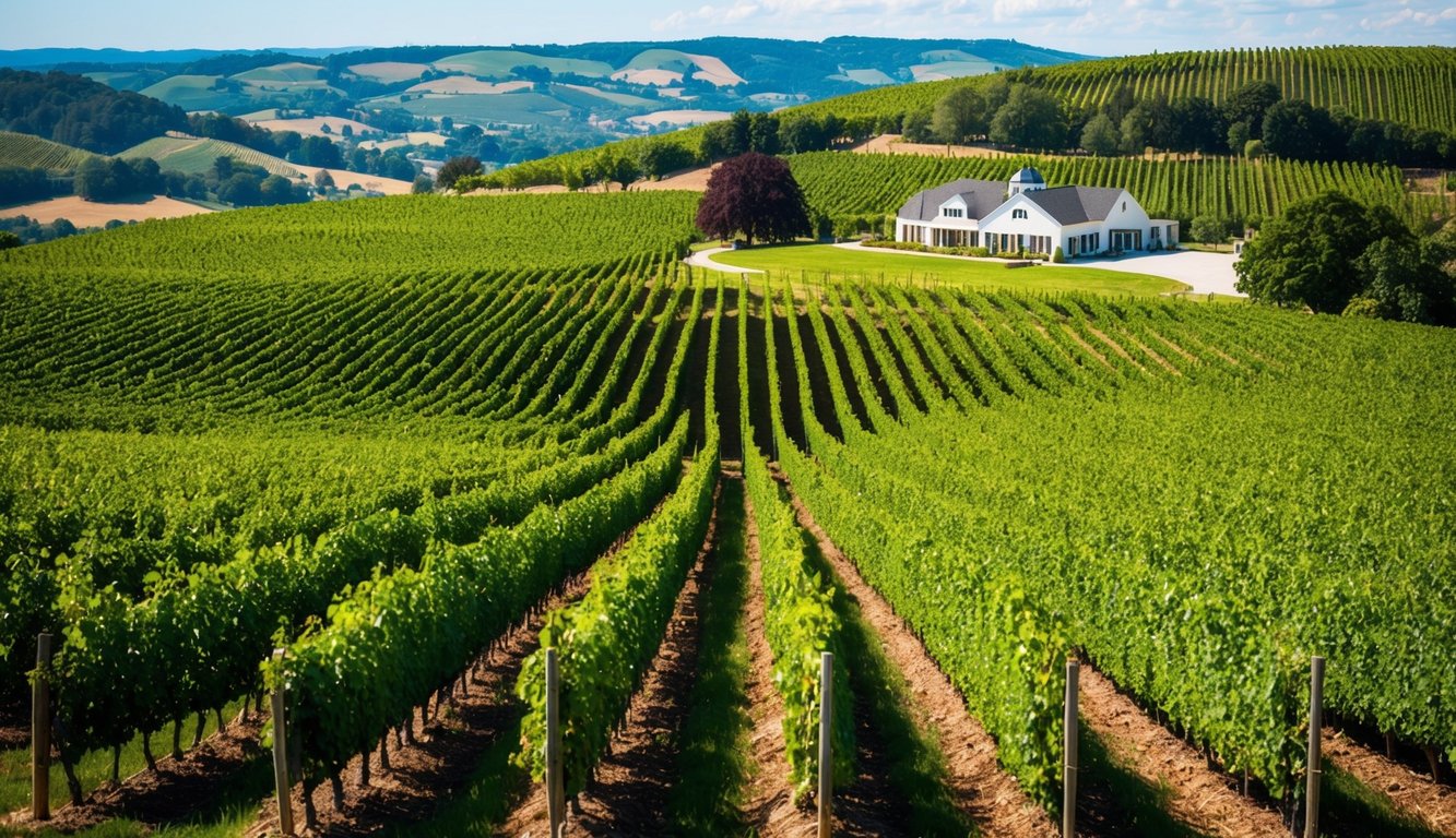 Lush vineyards spread across rolling hills, with rows of grapevines stretching into the distance. A charming winery overlooks the scenic landscape