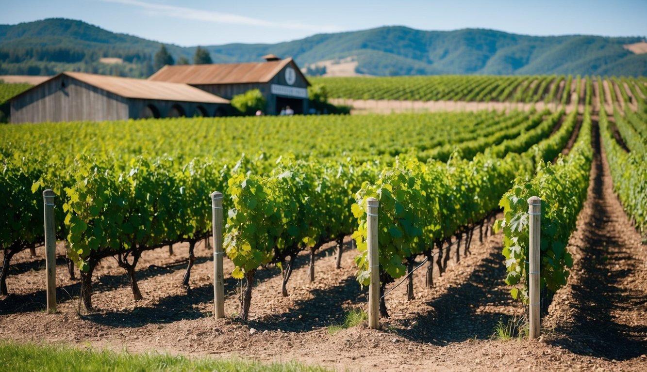 A serene vineyard with rows of grapevines, a rustic winery building, and rolling hills in the background