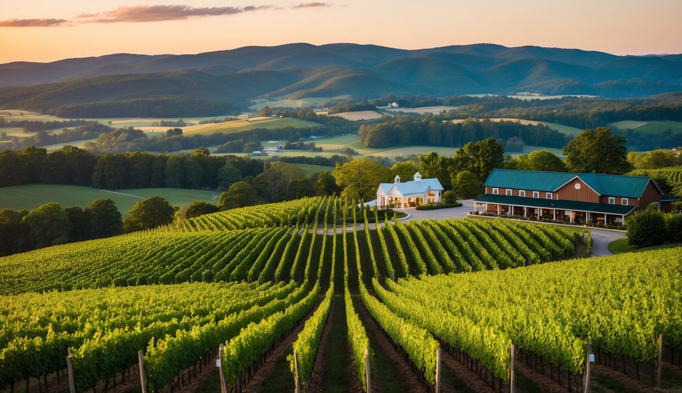 Lush vineyards overlook rolling hills in Tennessee, with charming wineries and tasting rooms nestled among the picturesque landscape