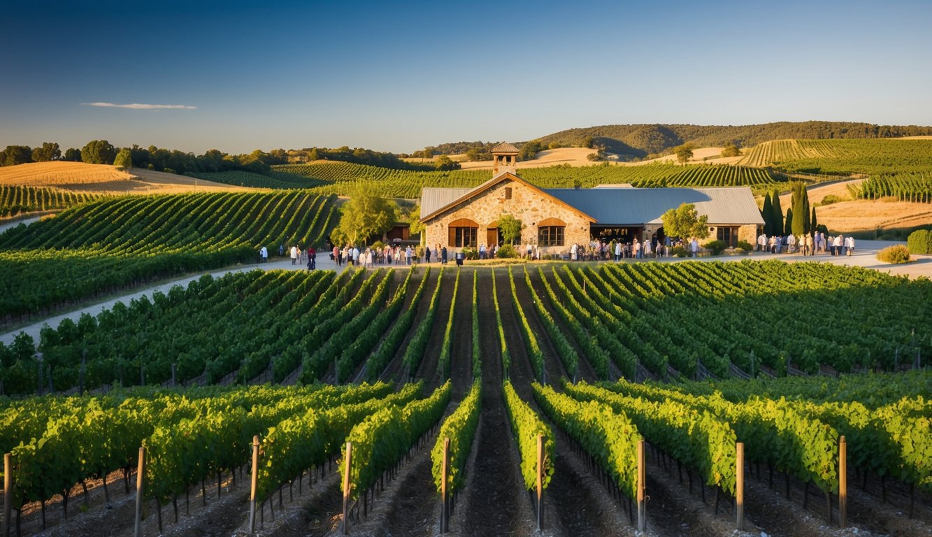 Rolling hills of vineyards under a clear blue sky, with a rustic winery in the background and a group of visitors enjoying a wine tour