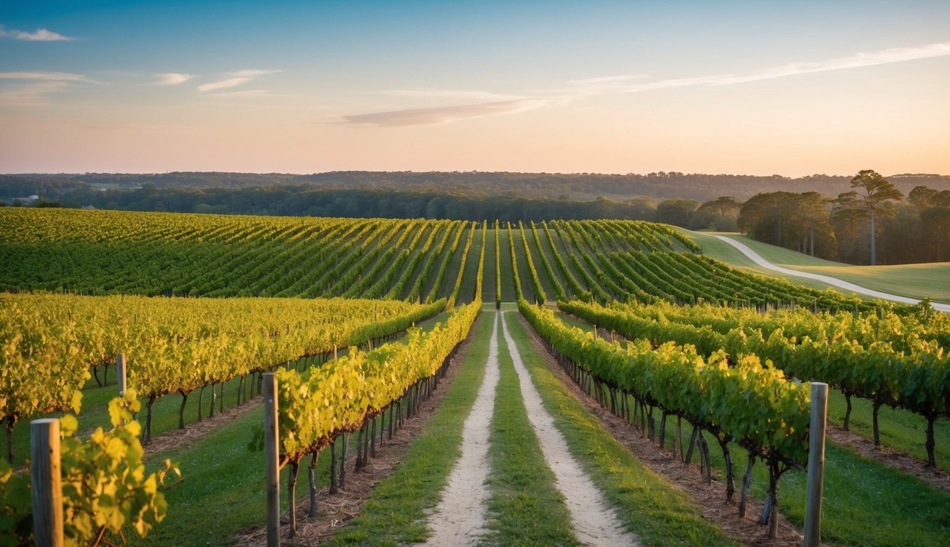 A serene vineyard nestled among the rolling hills of South Carolina's Lowcountry, with rows of grapevines stretching into the distance and a picturesque walking path winding through the landscape