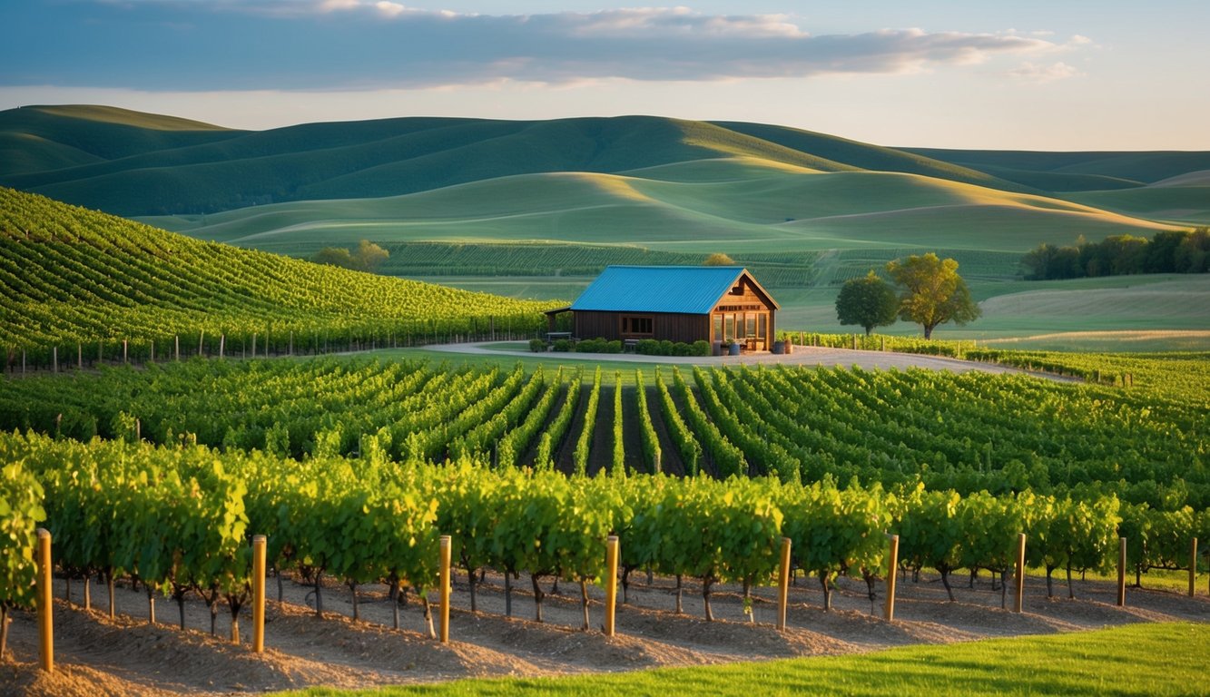 Lush vineyard with rolling hills, rows of grapevines, and a rustic tasting room nestled in the South Dakota countryside