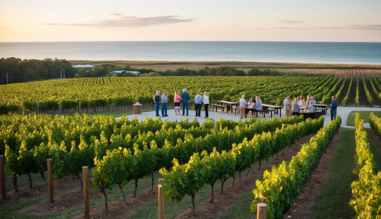 Vineyard overlooking Myrtle Beach, with rows of grapevines, a tasting area, and a tour group sampling wine