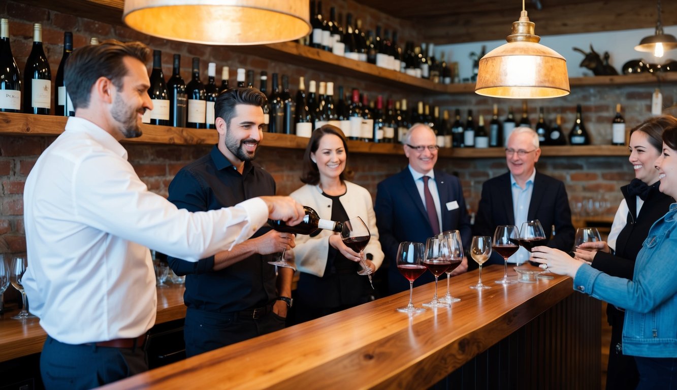 A cozy wine bar with rustic decor and shelves lined with bottles. A sommelier pours wine for a group of visitors on a tour