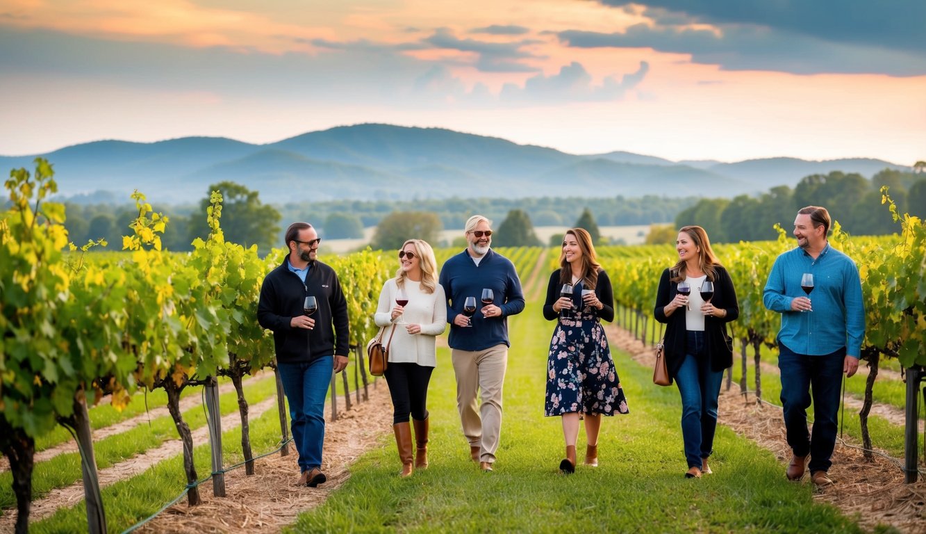 A group of people stroll through scenic vineyards on a wine tour in Tennessee, sampling local wines and enjoying the picturesque Chattanooga landscape