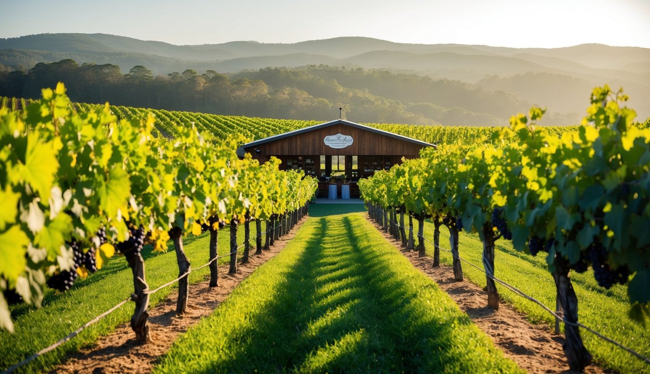 Vineyard tour: rolling hills, lush grapevines, rustic tasting room, and a warm South Carolina sun