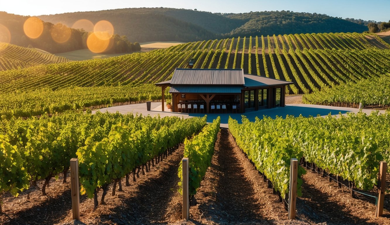 A vineyard nestled in rolling hills, with rows of grapevines stretching into the distance. A rustic tasting room welcomes visitors to sample local wines