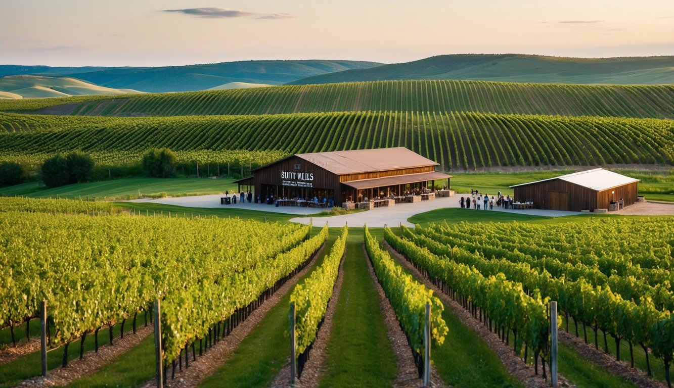 Rolling hills of vineyards in South Dakota, with rows of grapevines stretching into the distance. A rustic winery sits nestled among the lush greenery, with visitors enjoying wine tastings and tours