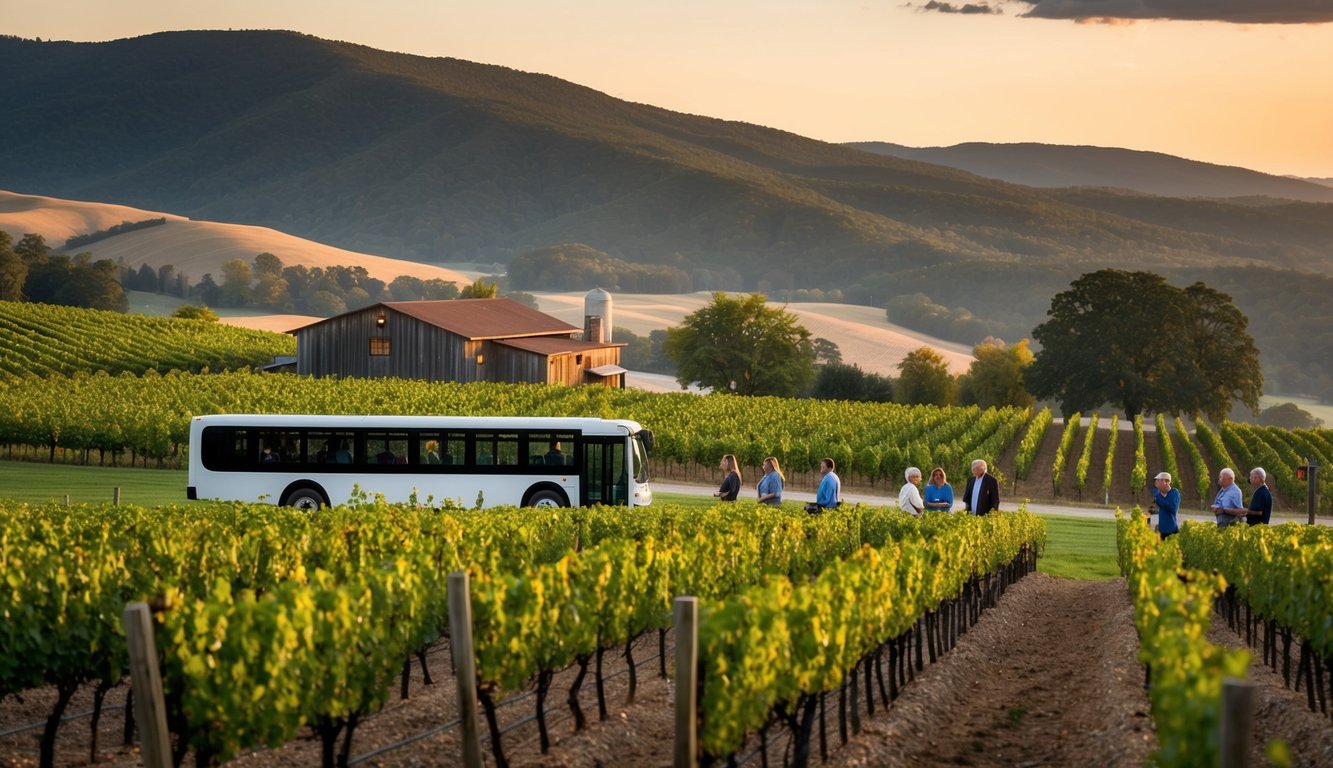 Rolling hills with vineyards, a rustic winery, and a tour bus. A guide leads visitors through the vineyards, explaining the history of wine production in Tennessee