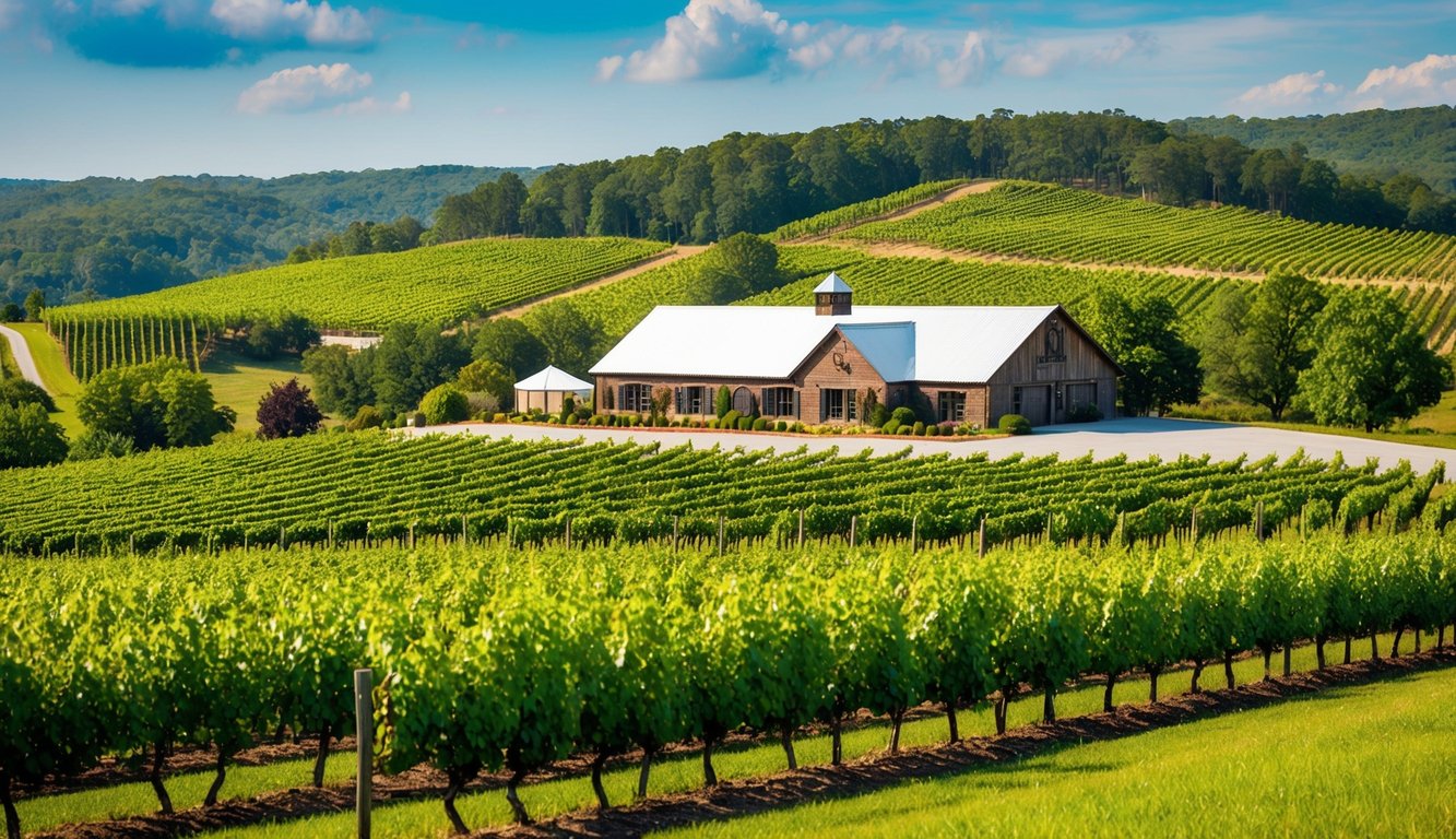 Vineyard with rolling hills, rows of grapevines, and a rustic winery nestled among the lush greenery of South Carolina