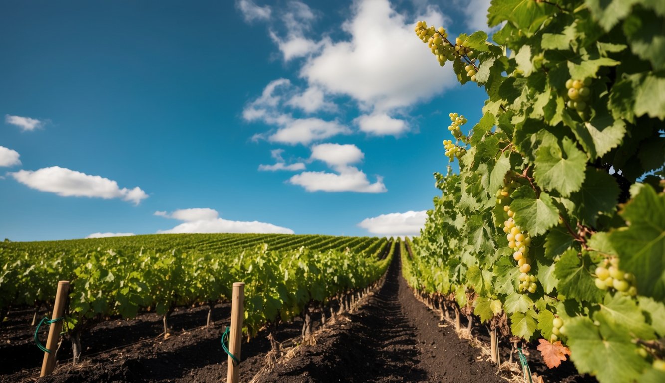 Rolling vineyard hills under sunny sky, with rich, dark soil and lush grapevines