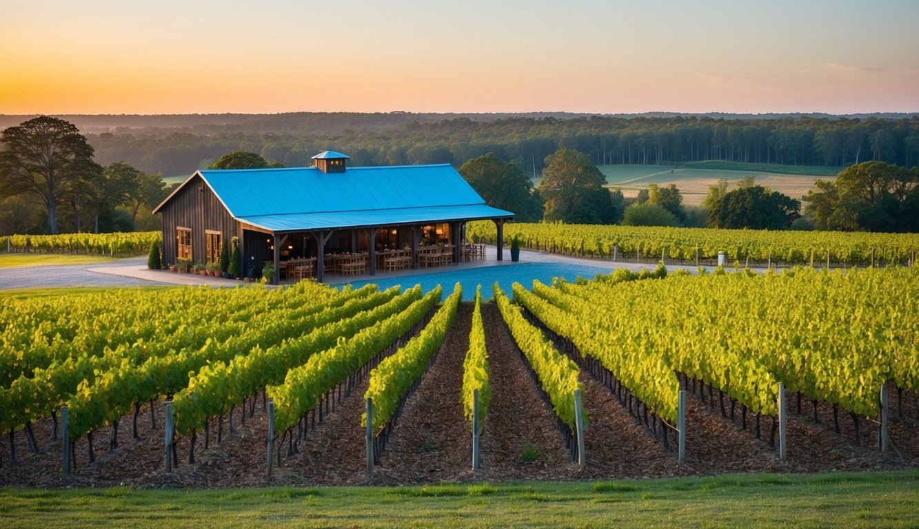 A serene vineyard with rows of grapevines, a rustic tasting room, and a picturesque view of the South Carolina countryside