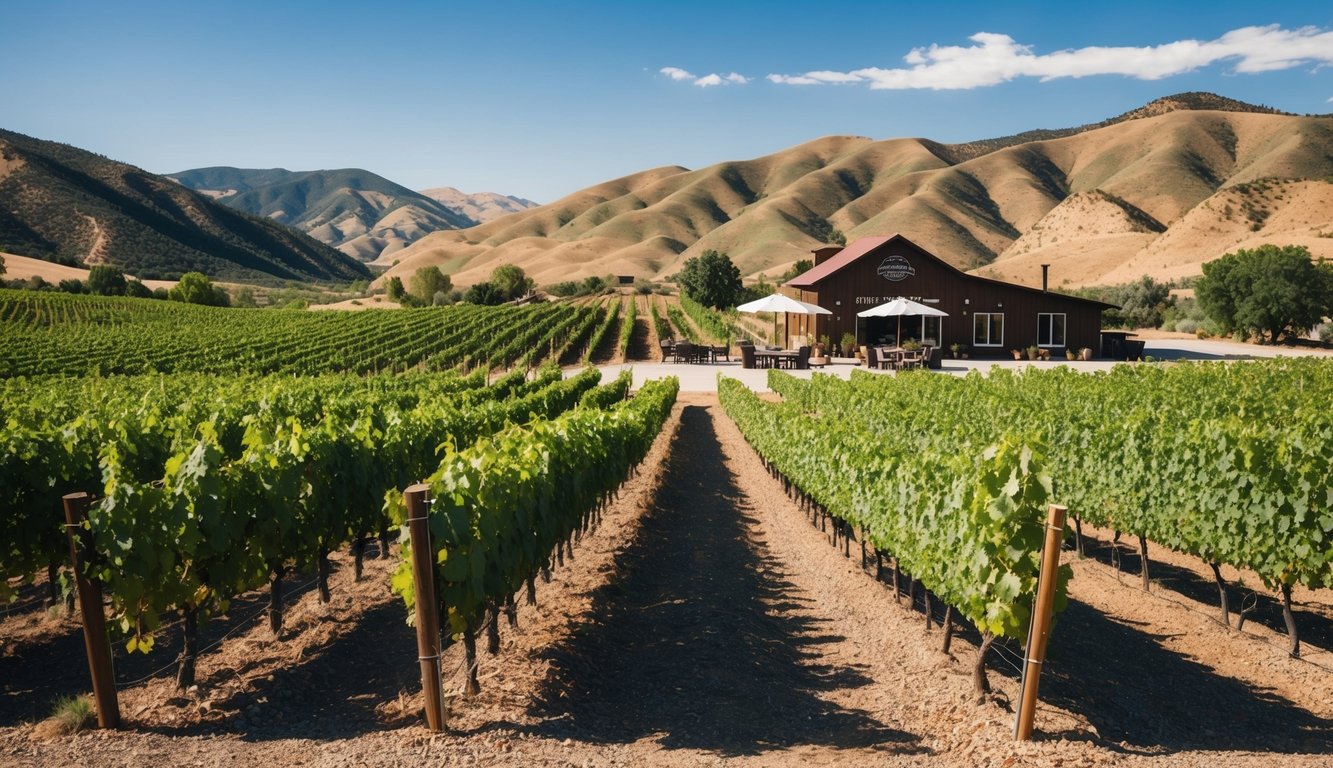 A sunny vineyard overlooks rolling hills and mountains in Utah. Rows of grapevines lead to a rustic winery with outdoor seating