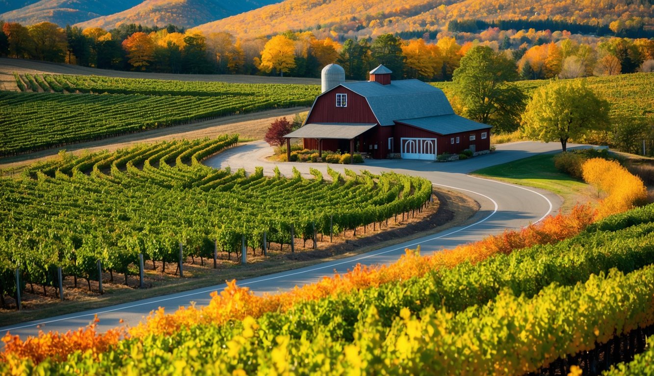 Rolling hills of vineyards, a rustic barn winery, and a winding country road lined with colorful foliage in Vermont