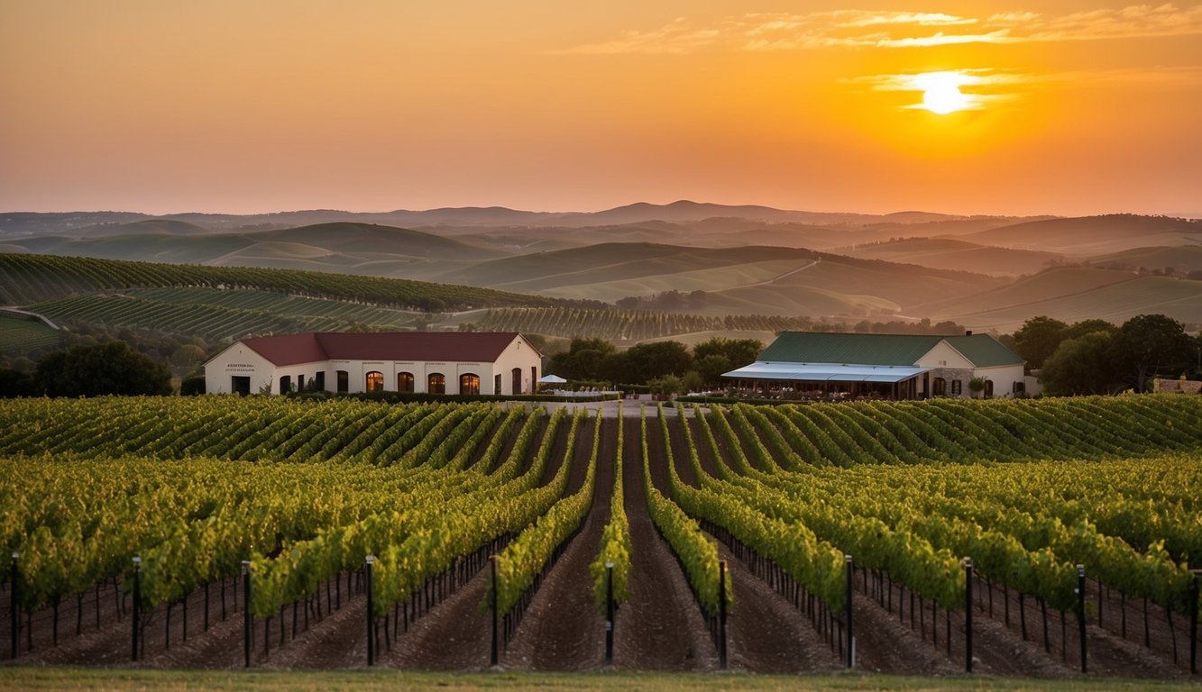 Rolling hills of vineyards under a warm Texan sun, with wineries and tasting rooms dotting the landscape