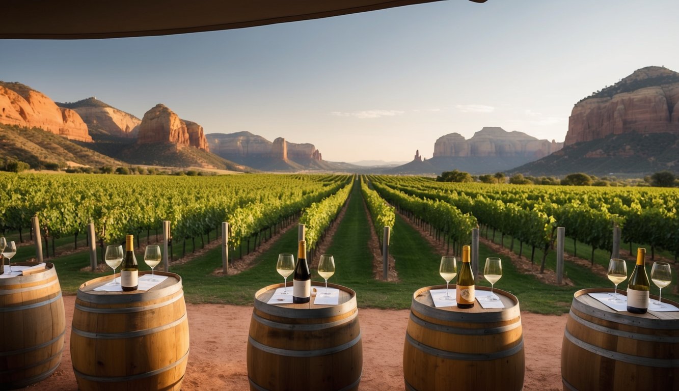 Lush vineyards stretch across the valley, framed by towering red rock formations. A wine tasting event is set up under a canopy, with glasses and bottles arranged on rustic wooden tables