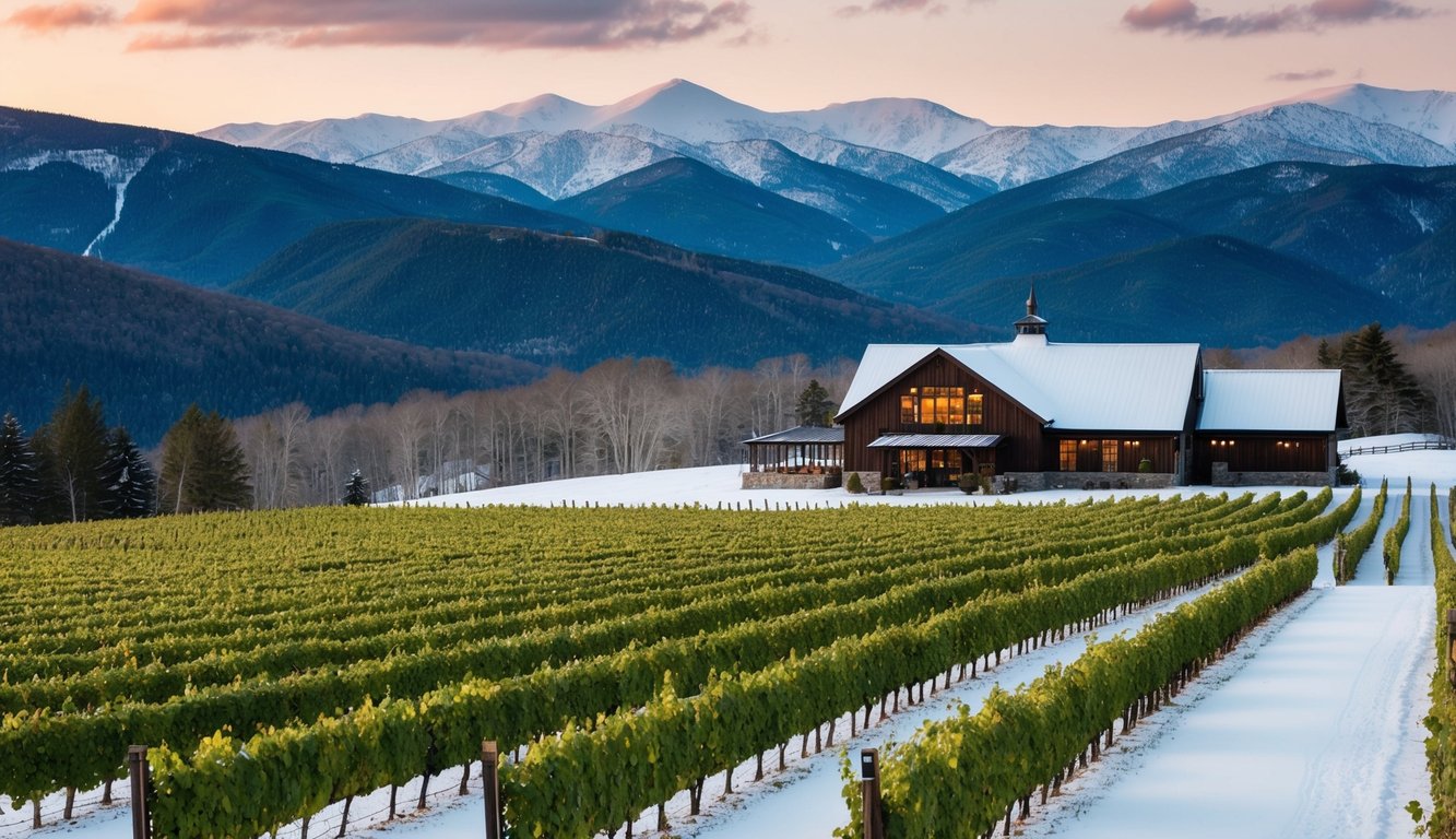 The rolling hills of Snow Farm Vineyard & Winery in Vermont, with rows of grapevines and a rustic tasting room, surrounded by snow-capped mountains