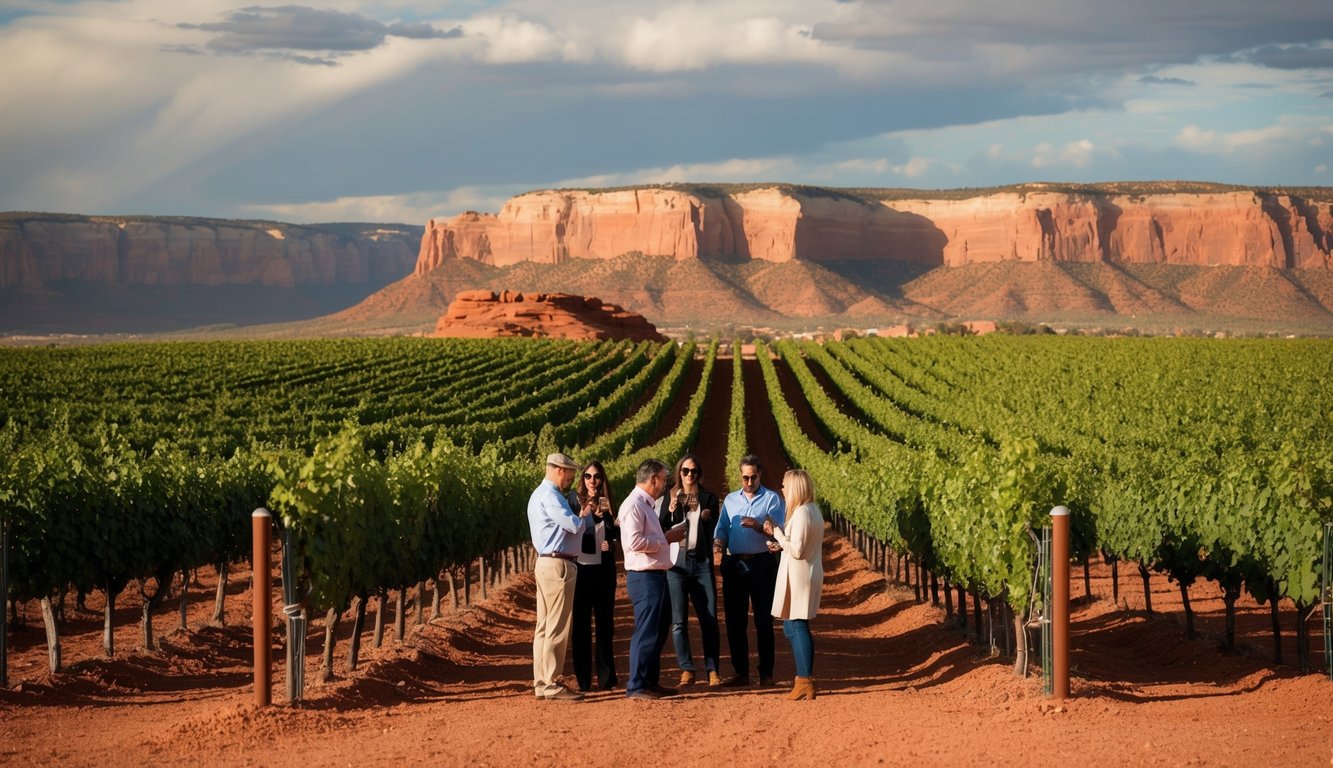 Vineyard nestled among red cliffs, with rows of grapevines stretching toward the horizon. A tour group sips wine while taking in the stunning desert landscape