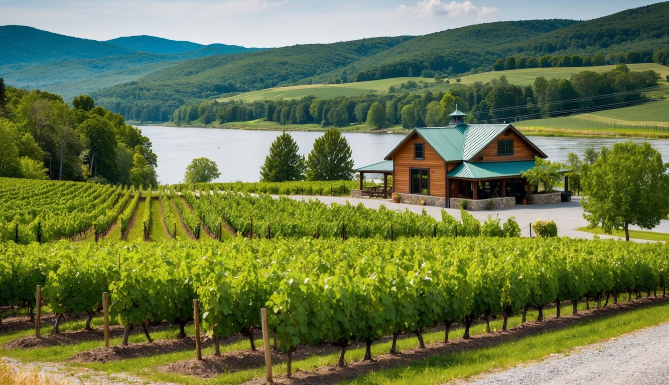 A serene vineyard nestled along the Neshobe River, with rows of lush grapevines and a rustic tasting room against a backdrop of rolling green hills in Vermont