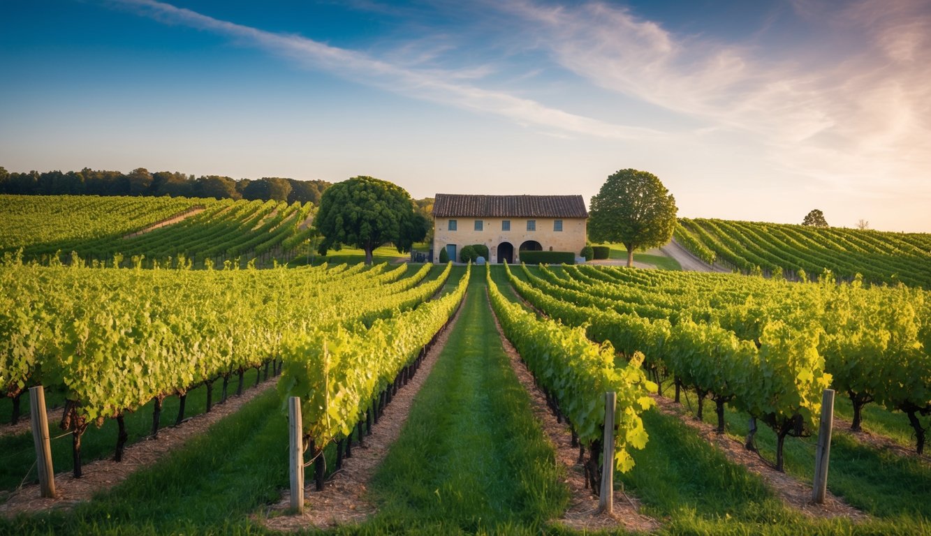 A lush vineyard with rows of grapevines stretching into the distance, a rustic winery building nestled among the greenery