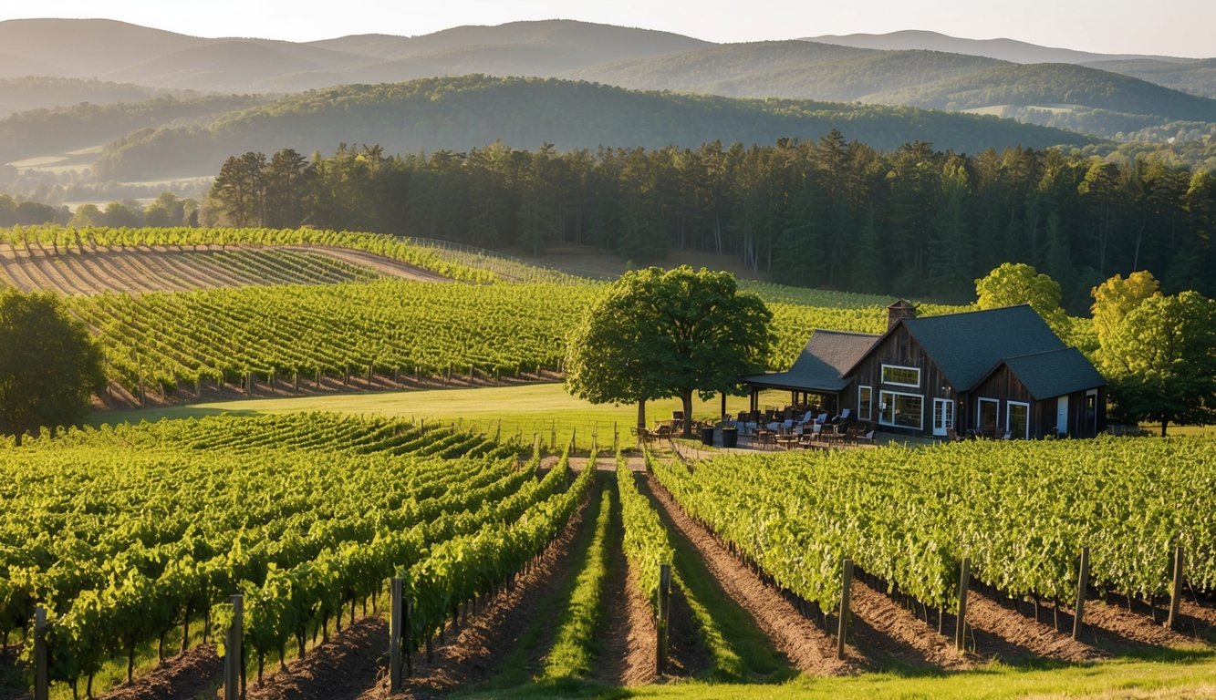 Rolling hills of vineyards in Vermont, with rows of grapevines stretching into the distance. A rustic winery nestled among the trees, offering tastings to visitors on a sunny afternoon