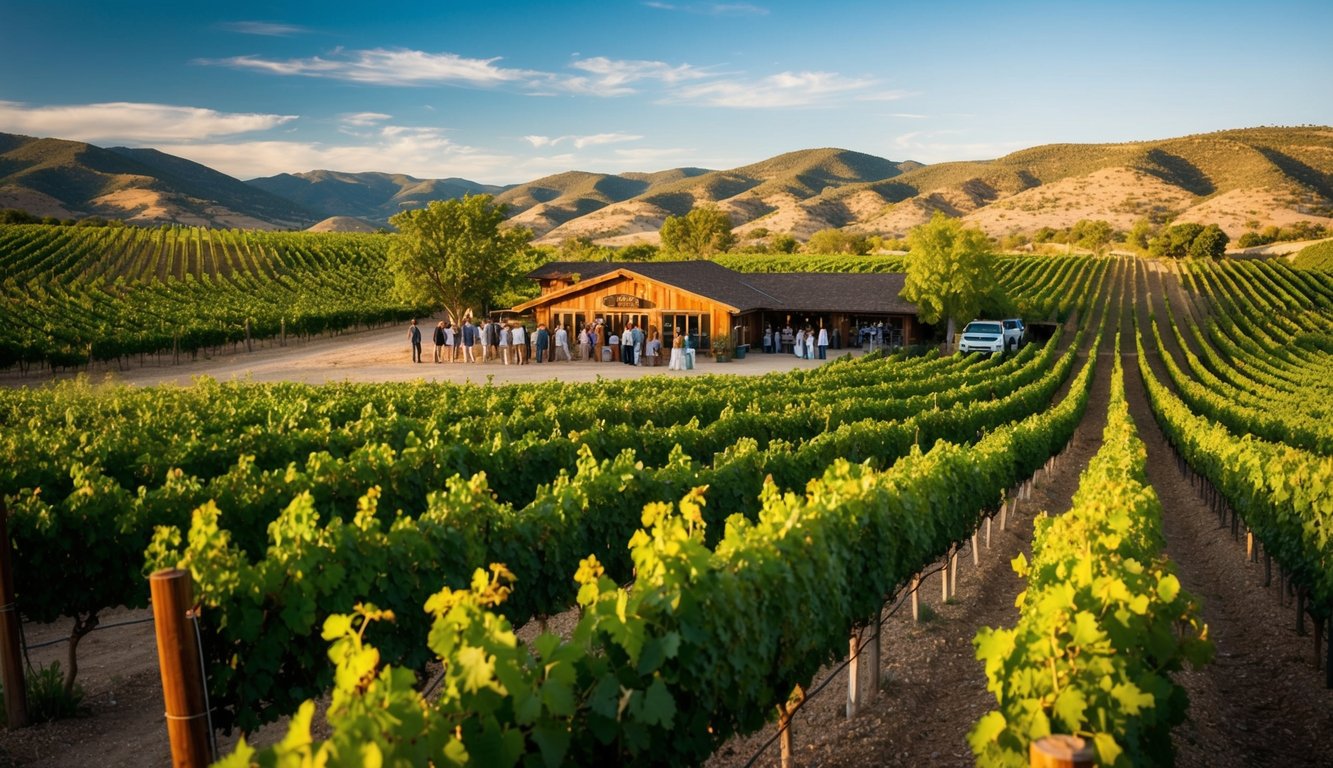 Lush vineyards stretch across the Utah landscape, with rows of grapevines basking in the warm sun. A rustic winery nestled in the hills hosts a group of visitors on a wine tour