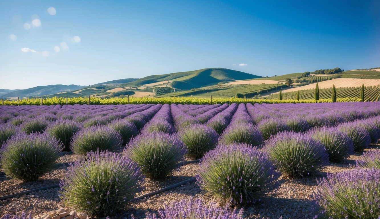 A vineyard with rows of blooming lavender, surrounded by rolling hills and a clear blue sky