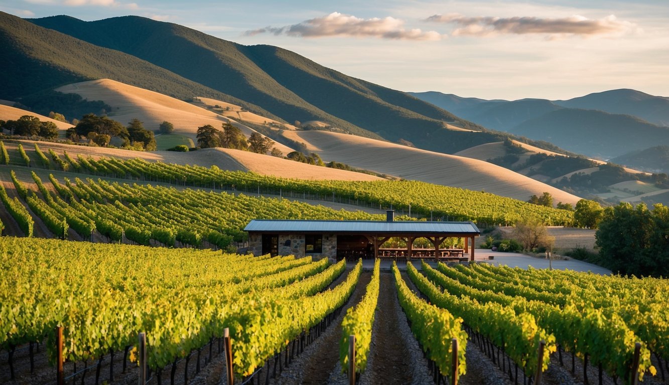 Vineyard overlooking rolling hills and mountains, with rows of grapevines and a rustic tasting room