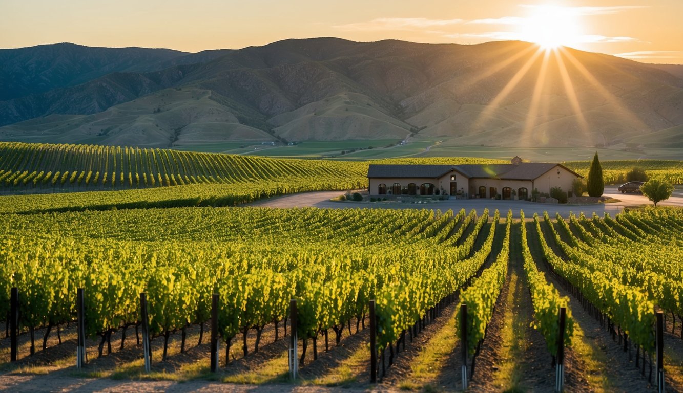 Rolling vineyard hills under the Utah sun, with rows of grapevines stretching into the distance, and a rustic winery nestled in the valley