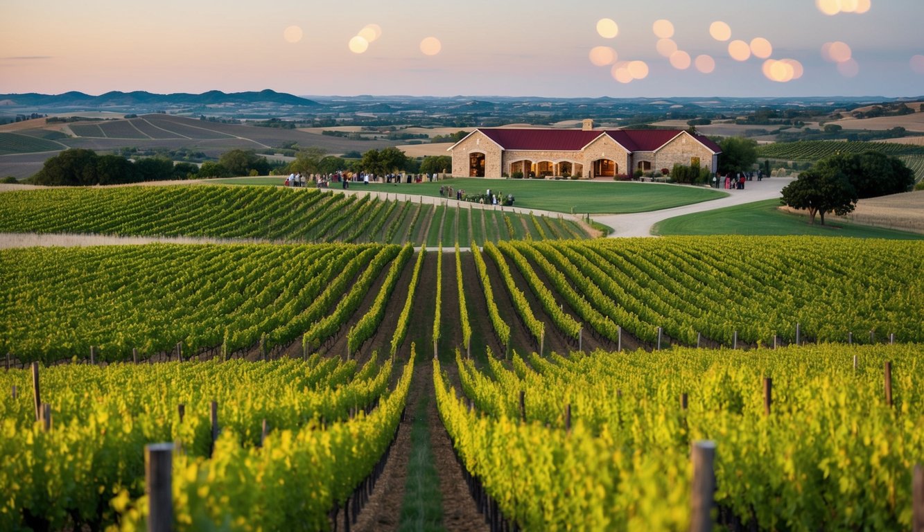 Rolling hills of vineyards in the Texas countryside, with a winery in the distance and a tour group sampling wines outdoors