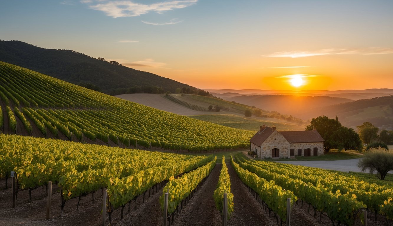 Rolling hills covered in rows of grapevines, a warm sun setting over the horizon, and a rustic winery nestled in the countryside