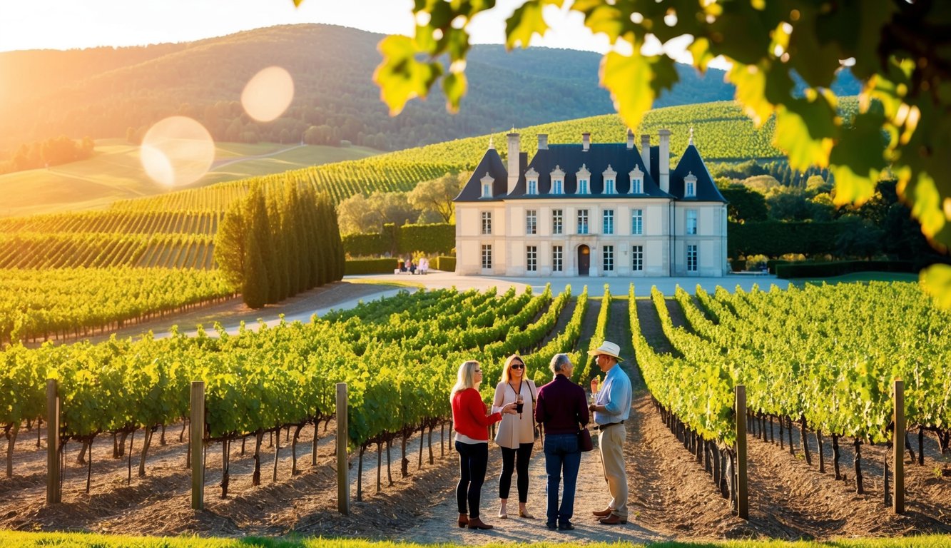 A vineyard overlooks rolling hills with a grand chateau and rows of grapevines. A tour group samples wine on a sunny day