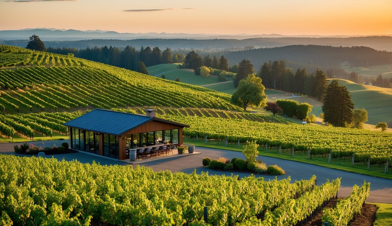 Lush vineyards sprawl across rolling hills, kissed by the warm Washington sun. A cozy tasting room overlooks the scenic landscape, inviting visitors to savor the region's finest wines