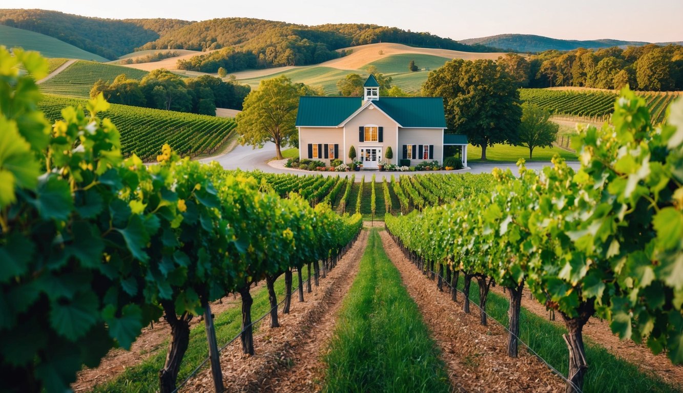 A serene vineyard with rolling hills, lush grapevines, and a charming winery building nestled in the countryside of West Virginia