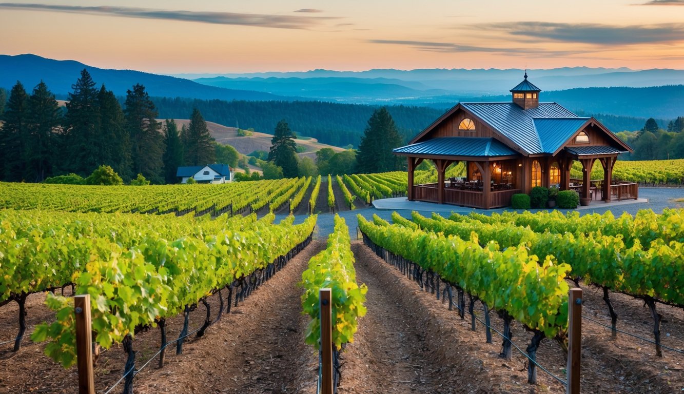 A picturesque vineyard in Leavenworth, Washington, with rows of lush grapevines and a charming wine tasting pavilion nestled among the rolling hills