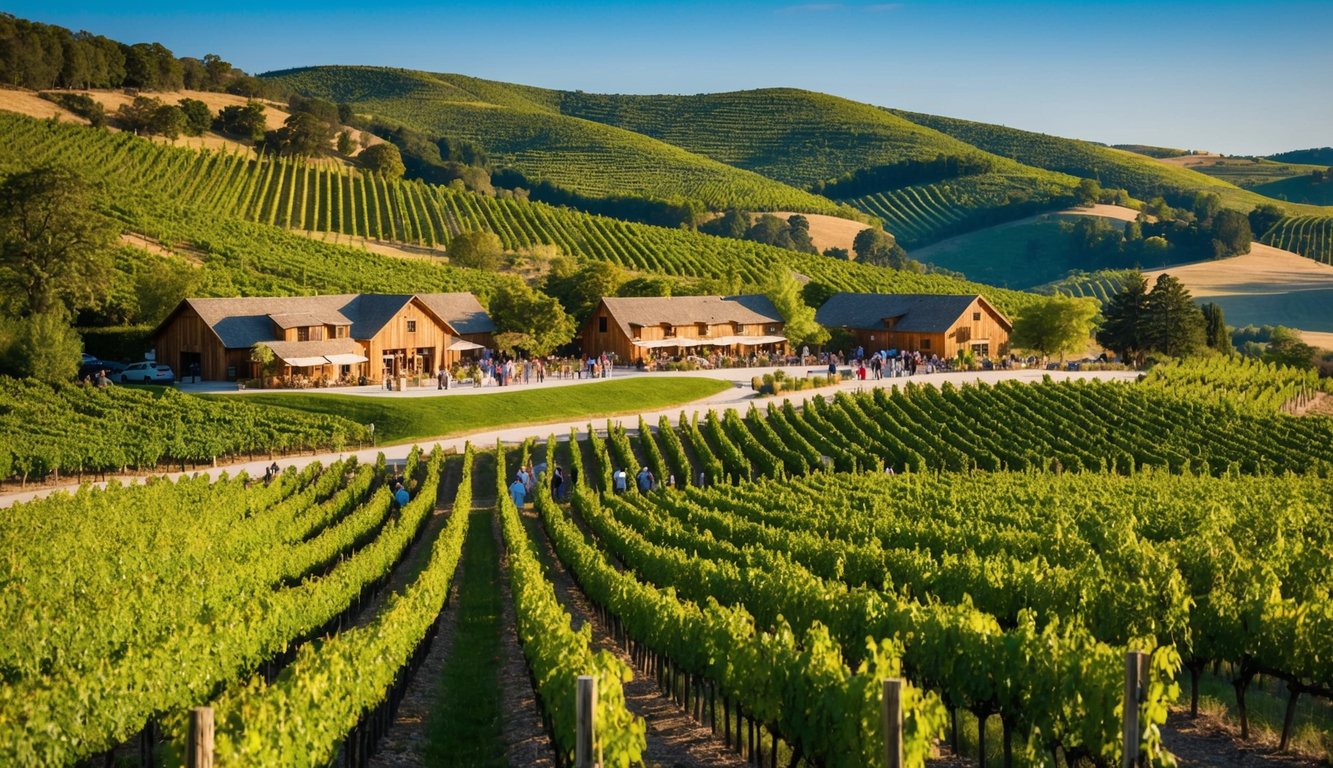 Rolling hills covered in vineyards, with rustic wineries nestled among the trees. Visitors stroll through the picturesque landscape, sampling local wines on guided tours