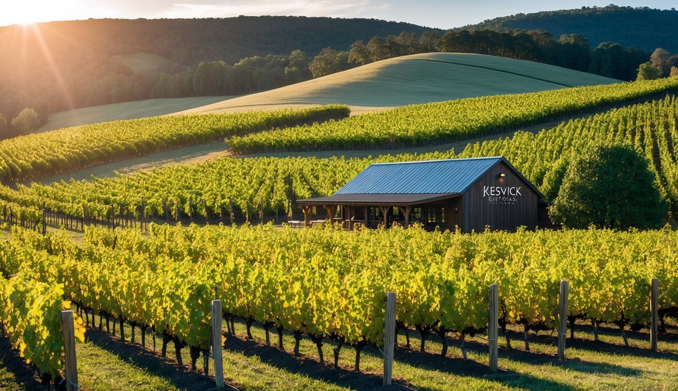 A sunny vineyard with rolling hills, rows of grapevines, and a rustic tasting room at Keswick Vineyards in Virginia