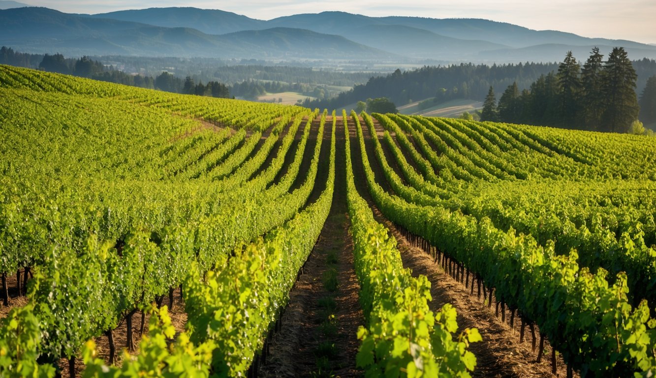 Lush green vineyards line the rolling hills of the Columbia Gorge Wine Trails in Washington, with rows of grapevines stretching into the distance