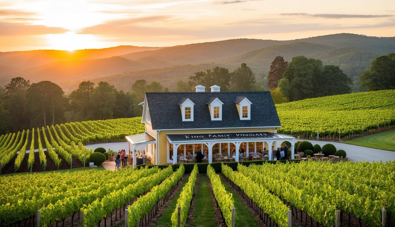 Rolling hills, lush vineyards, and a charming tasting room at King Family Vineyards in Virginia. Visitors enjoy wine tours and tastings against a picturesque backdrop