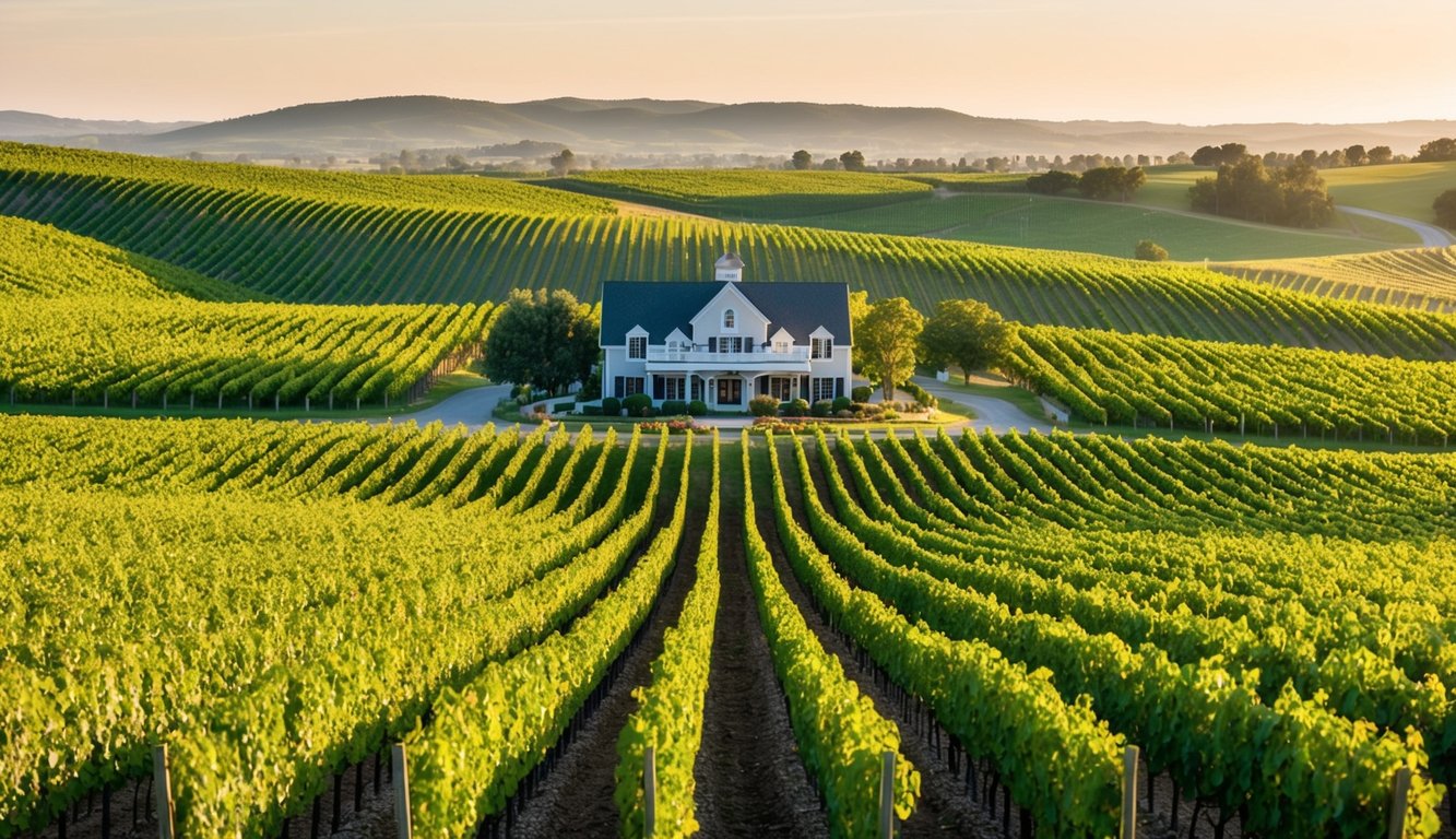 Rolling hills of lush green vineyards stretch to the horizon, with rows of grapevines basking in the warm sunlight. A charming winery sits nestled among the vines, offering a serene and picturesque setting for wine tours