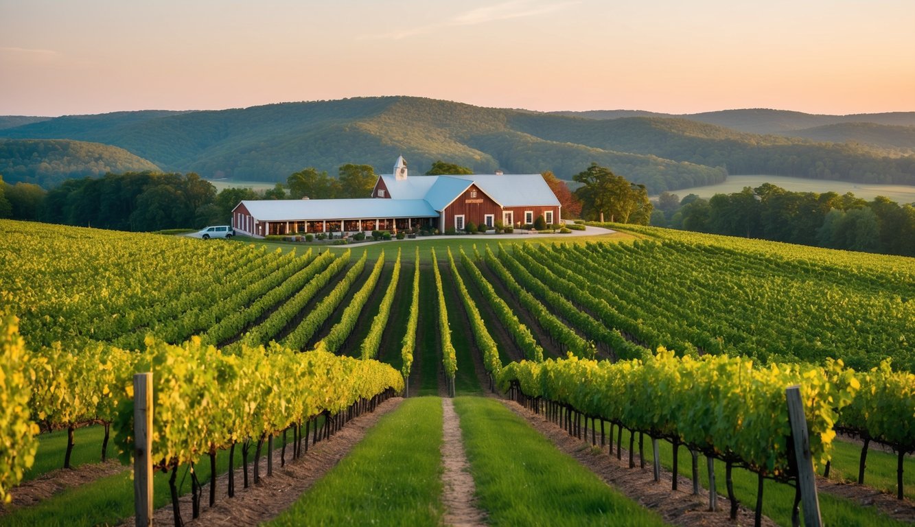 Rolling hills of vineyards in Virginia, with rows of grapevines stretching into the distance. A rustic winery sits nestled among the lush greenery, offering wine tours to visitors