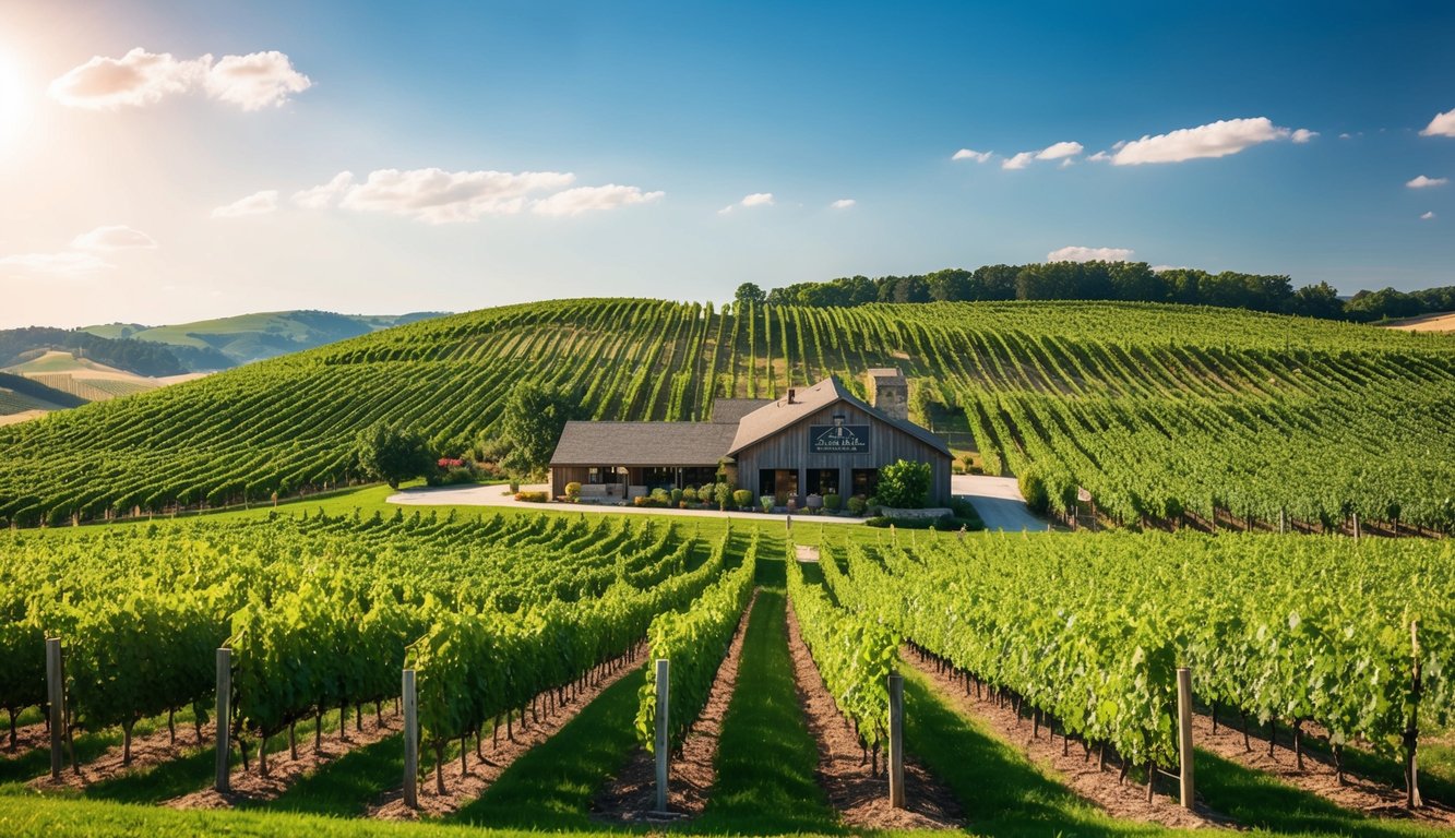 Rolling vineyard hills under sunny skies, with rows of grapevines stretching into the distance. A winery with rustic charm sits nestled among the lush greenery